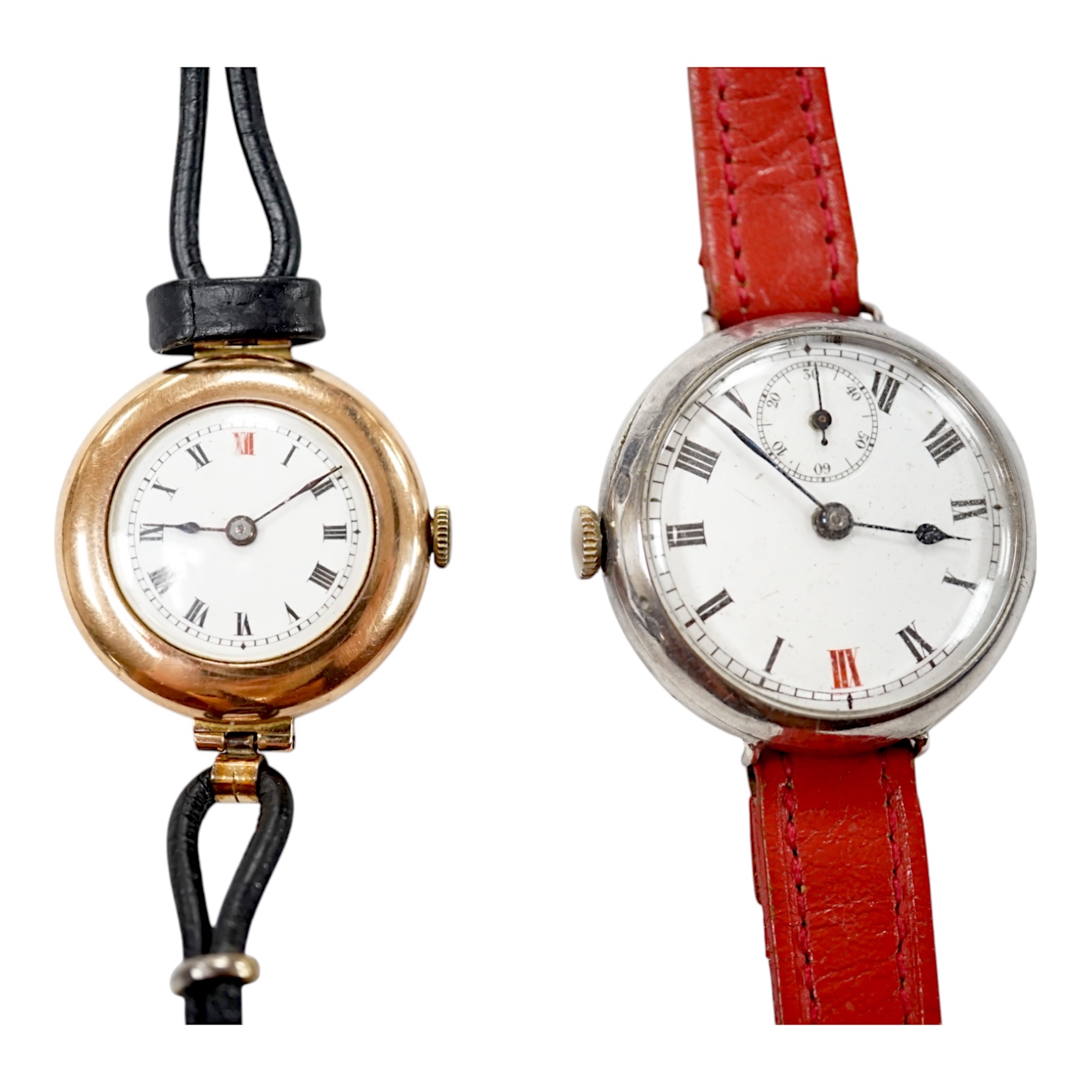 A George V 9ct gold manual wind wrist watch, with Roman dial, case diameter 27mm and a similar silver manual wind wrist watch. Condition - poor to fair